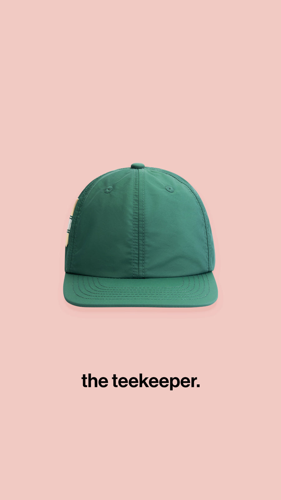 front shot of lend water repellent green five panel cap with golf tee holder